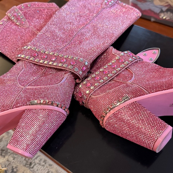 (Out of Stock Online) Dolls Kill-Pink SHERIFF Shine Knee High Cowboy Boots - Picture 11 of 16